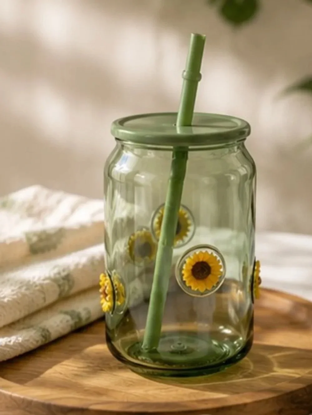 Anthropologie Green Glass Sunflower Tumbler with Straw